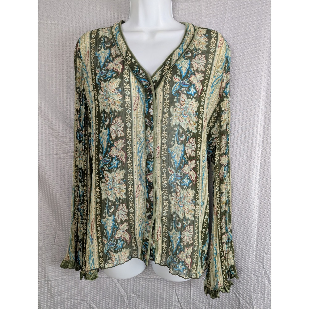 Claudia Richard Womens L Olive Green Paisley Print Blouse Long Sleeve Boho